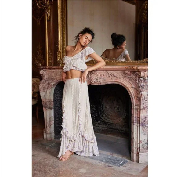 FREE PEOPLE Now & Then Maxi Skirt Cream Floral Lace Ruffled Cottagecore - Picture 3 of 15